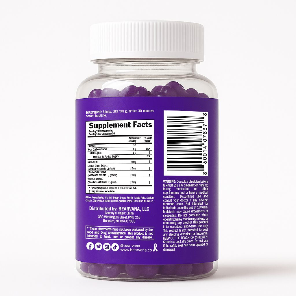 BEARVANA - Sleep Gummies - Melatonin, Lemon Balm, Chamomile & Valerian Root | Grape Flavored