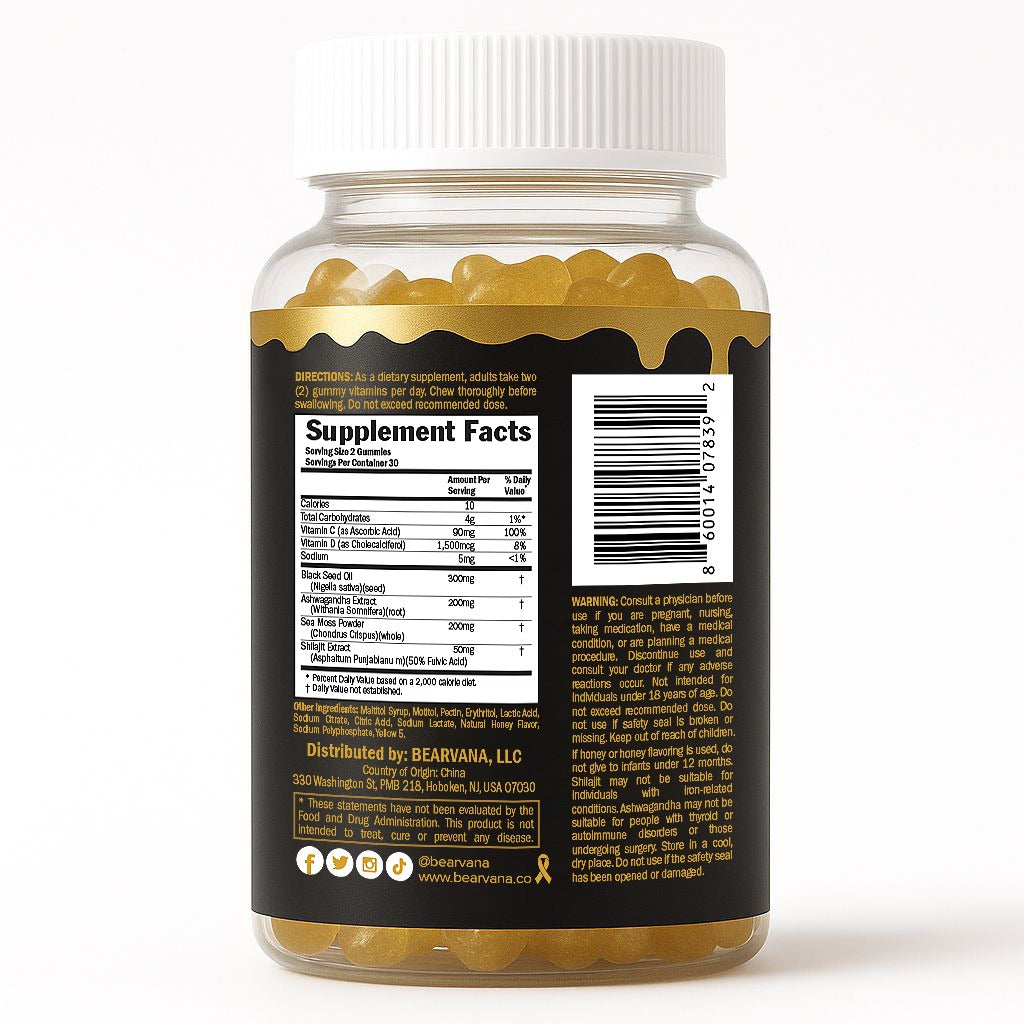 BEARVANA Black Seed Oil Gummies with Shilajit, Sea Moss & Ashwagandha | Honey Flavored
