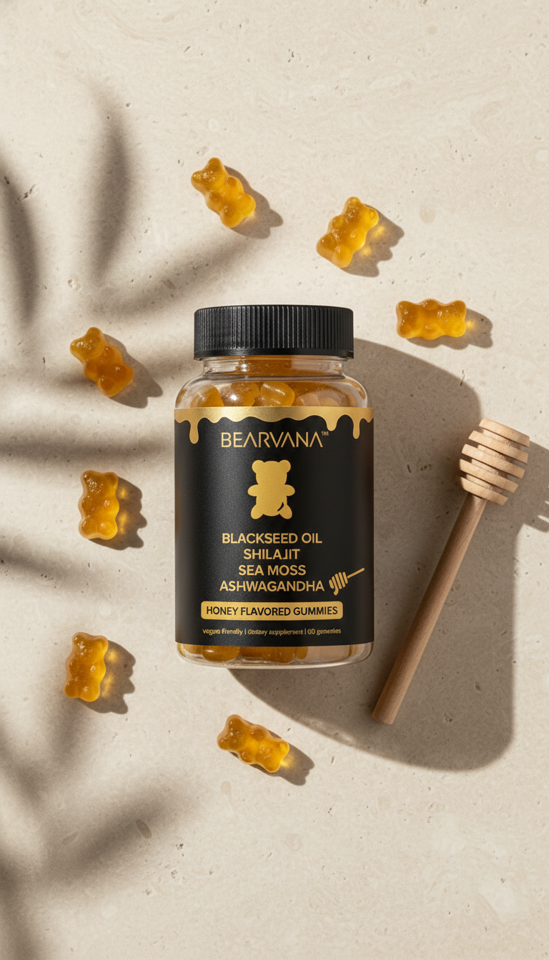 BEARVANA Black Seed Oil Gummies with Shilajit, Sea Moss & Ashwagandha | Honey Flavored