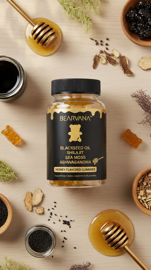 BEARVANA Black Seed Oil Gummies with Shilajit, Sea Moss & Ashwagandha | Honey Flavored