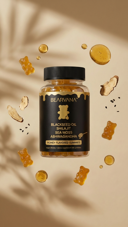 BEARVANA Black Seed Oil Gummies with Shilajit, Sea Moss & Ashwagandha | Honey Flavored